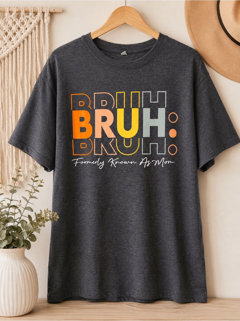 BRUH Graphic Tee in Charcoal with Orange & Yellow Print